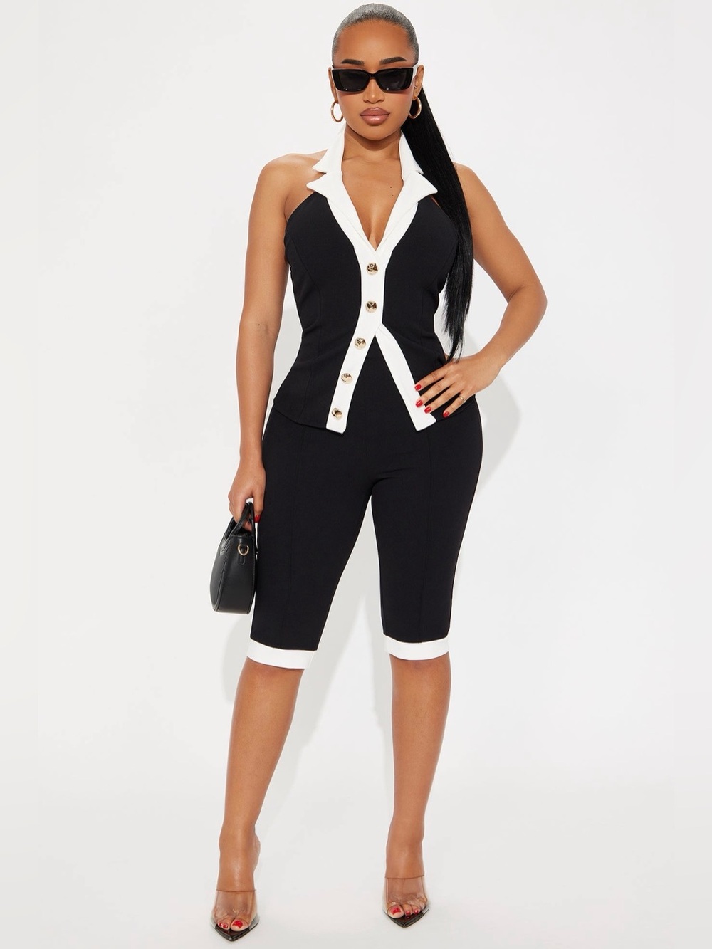 Tailored Contrast Halter Jumpsuit - Black & White